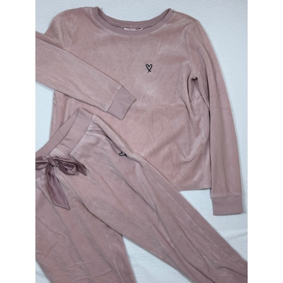 Victorias Secret Pink Velour Lounge Set Top Pants Heart Logo XS Open Back - Picture 2 of 13